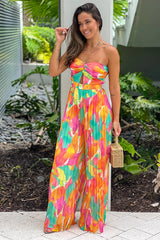 Orange Printed Strapless Jumpsuit