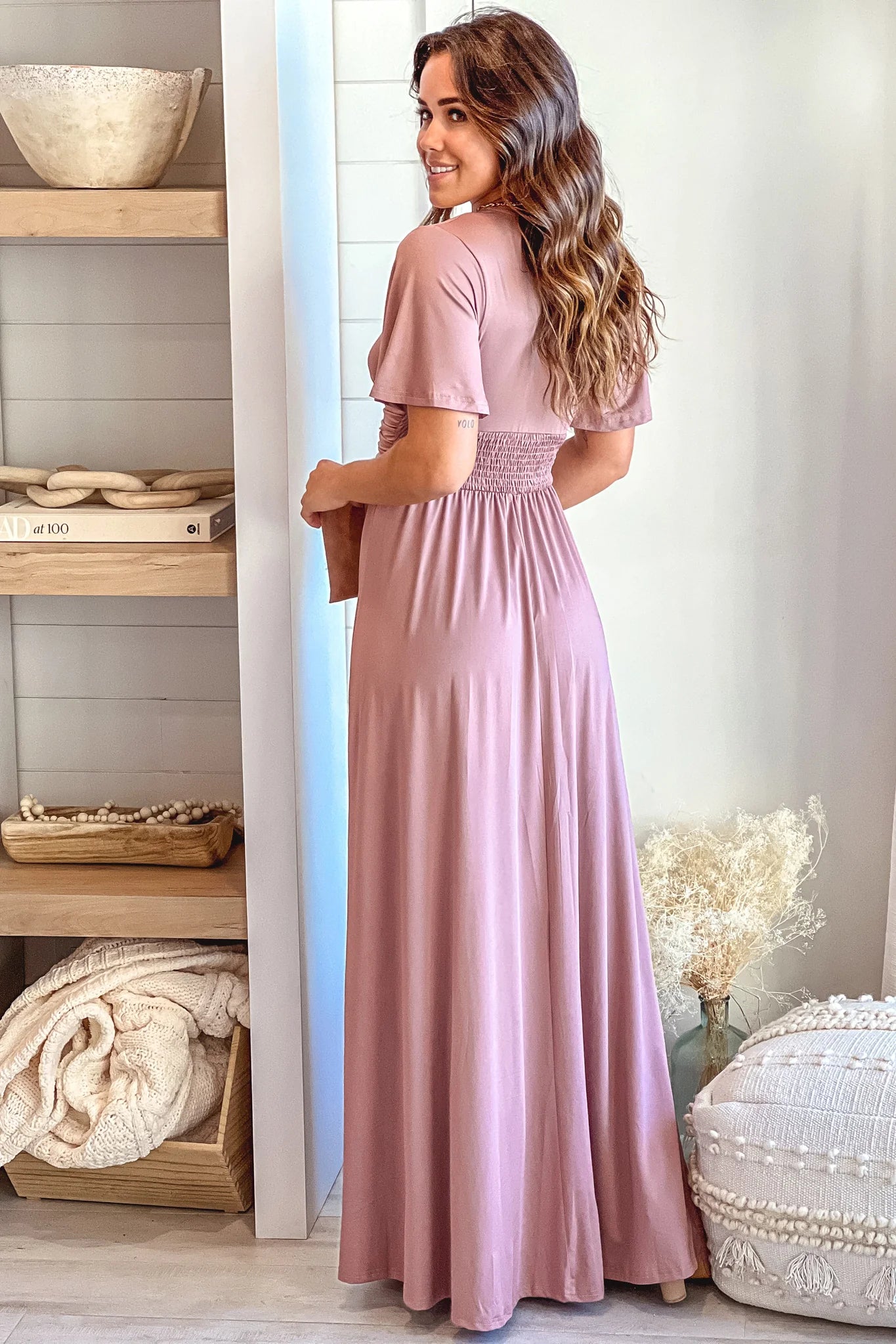 Blush Maxi Dress With Slit And Short Sleeves