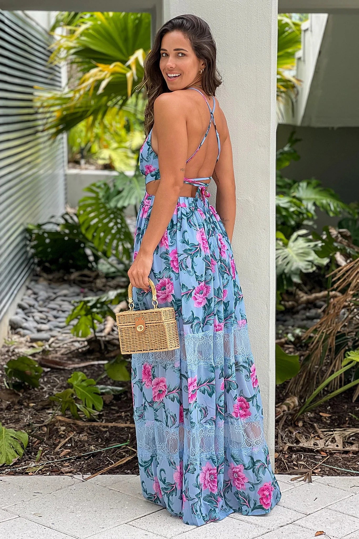 Blue Floral Maxi Dress With Cut Out And Lace Detail