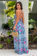 Blue Floral Maxi Dress With Cut Out And Lace Detail