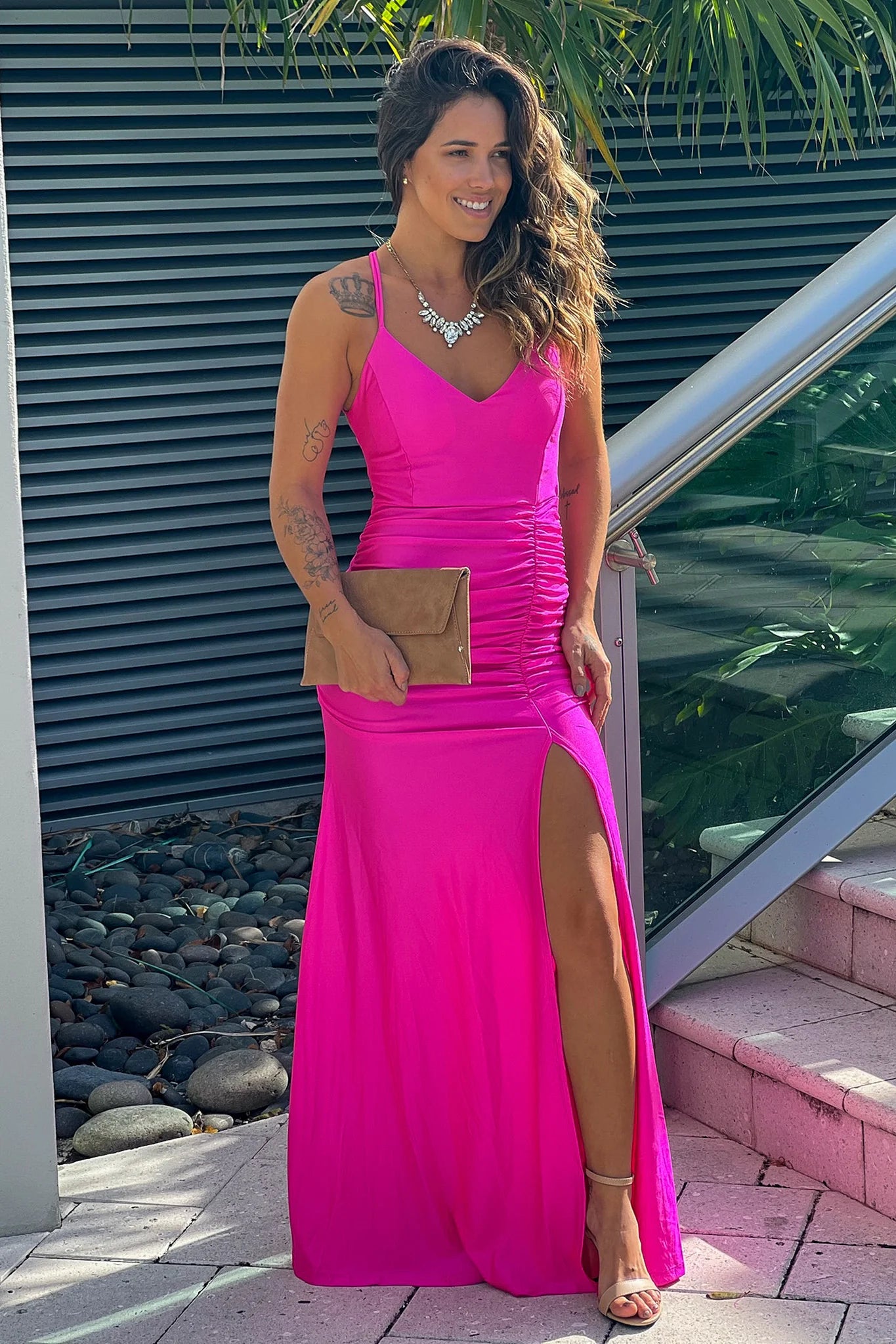 Fuchsia Ruched Maxi Dress With Slit