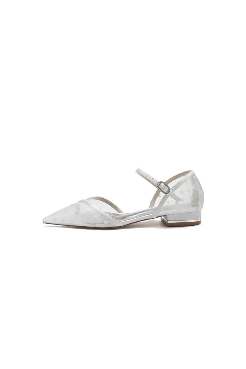 Pointed Toe Strap Buckle Mesh Low Heels