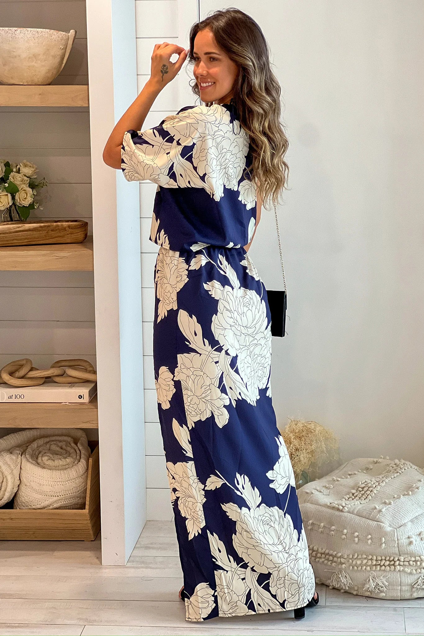Navy And White One Shoulder Maxi Dress With Slit