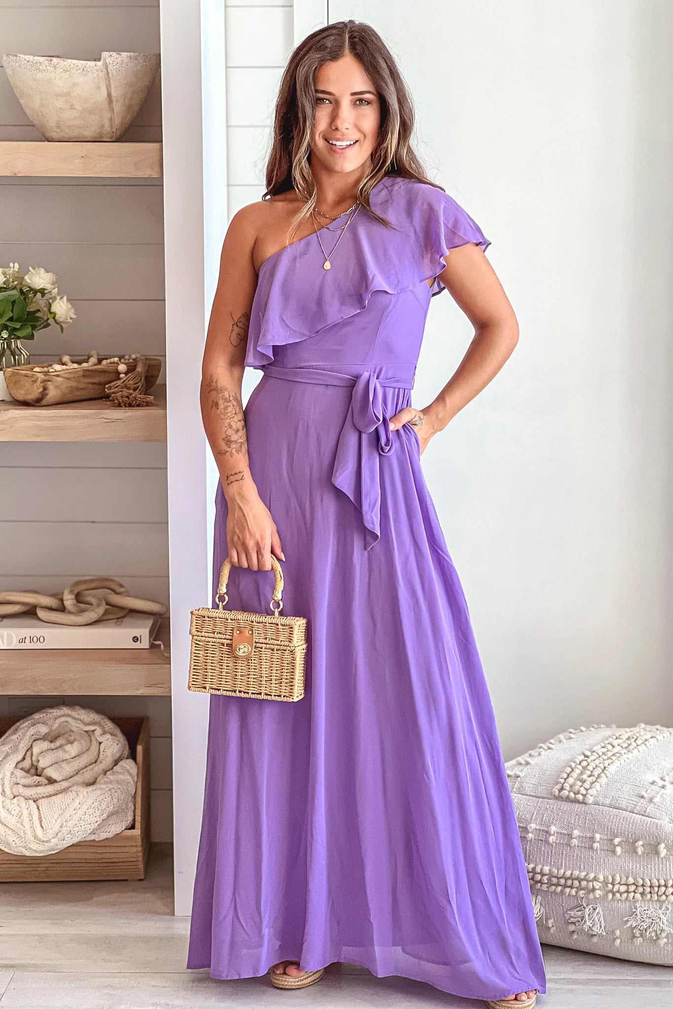 Violet One Shoulder Maxi Dress With Pockets