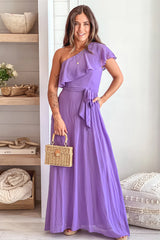 Violet One Shoulder Maxi Dress With Pockets