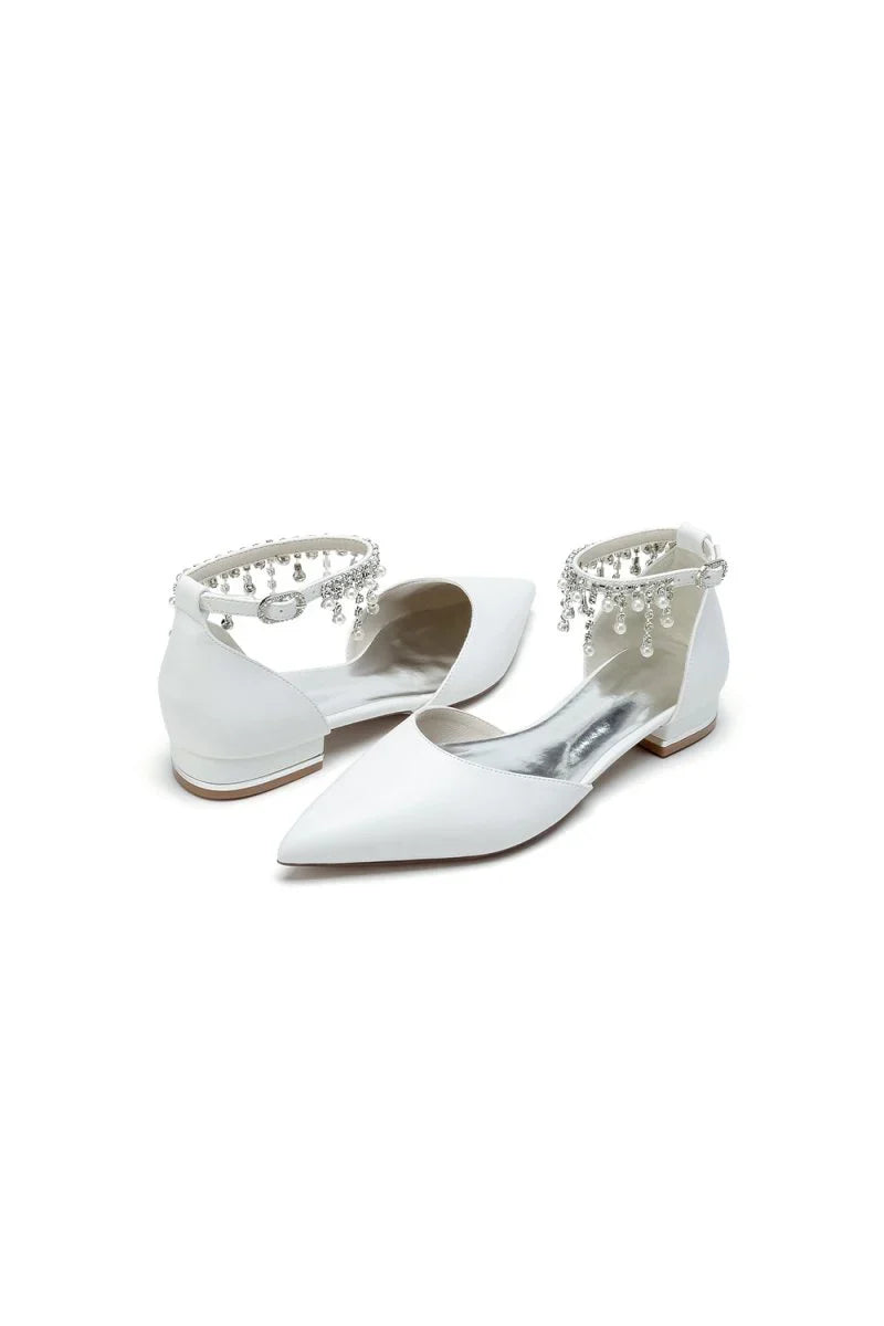 White Pearl Beaded Ankle Strap Pointed Toe Low Heels