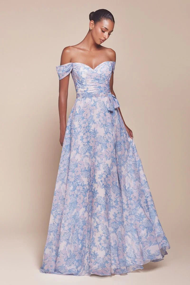 TILDA GOWN BLUE OFF THE SHOULDER FLORAL PRINTED A LINE DRESS