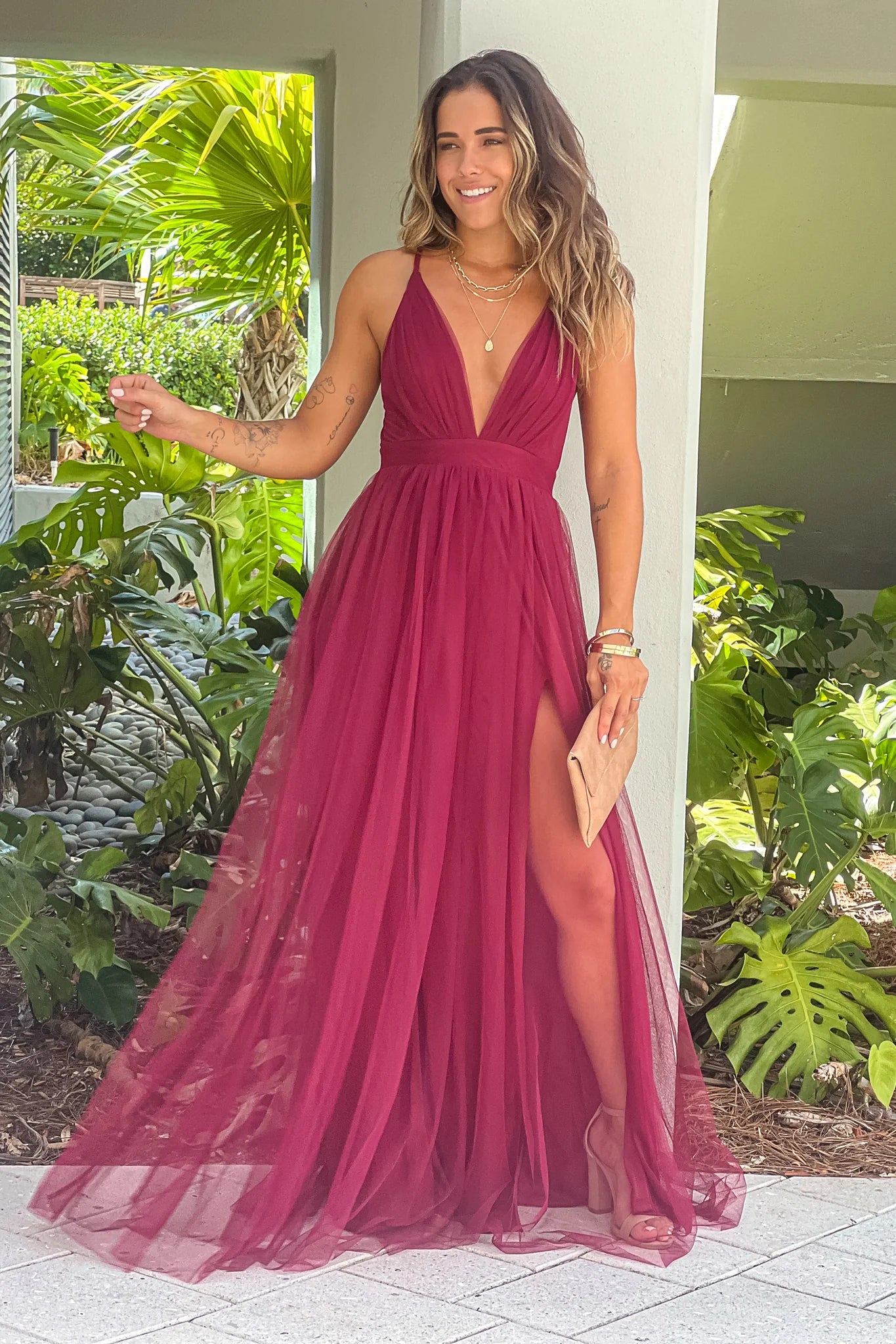 Wine Mesh V Neck Maxi Dress