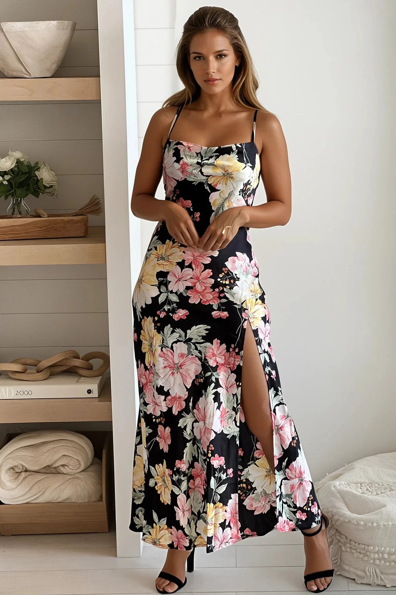 Black And Yellow Floral Satin Dress With Slit