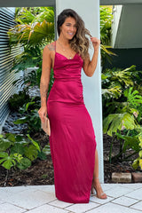Burgundy Satin Dress With Ruched Side