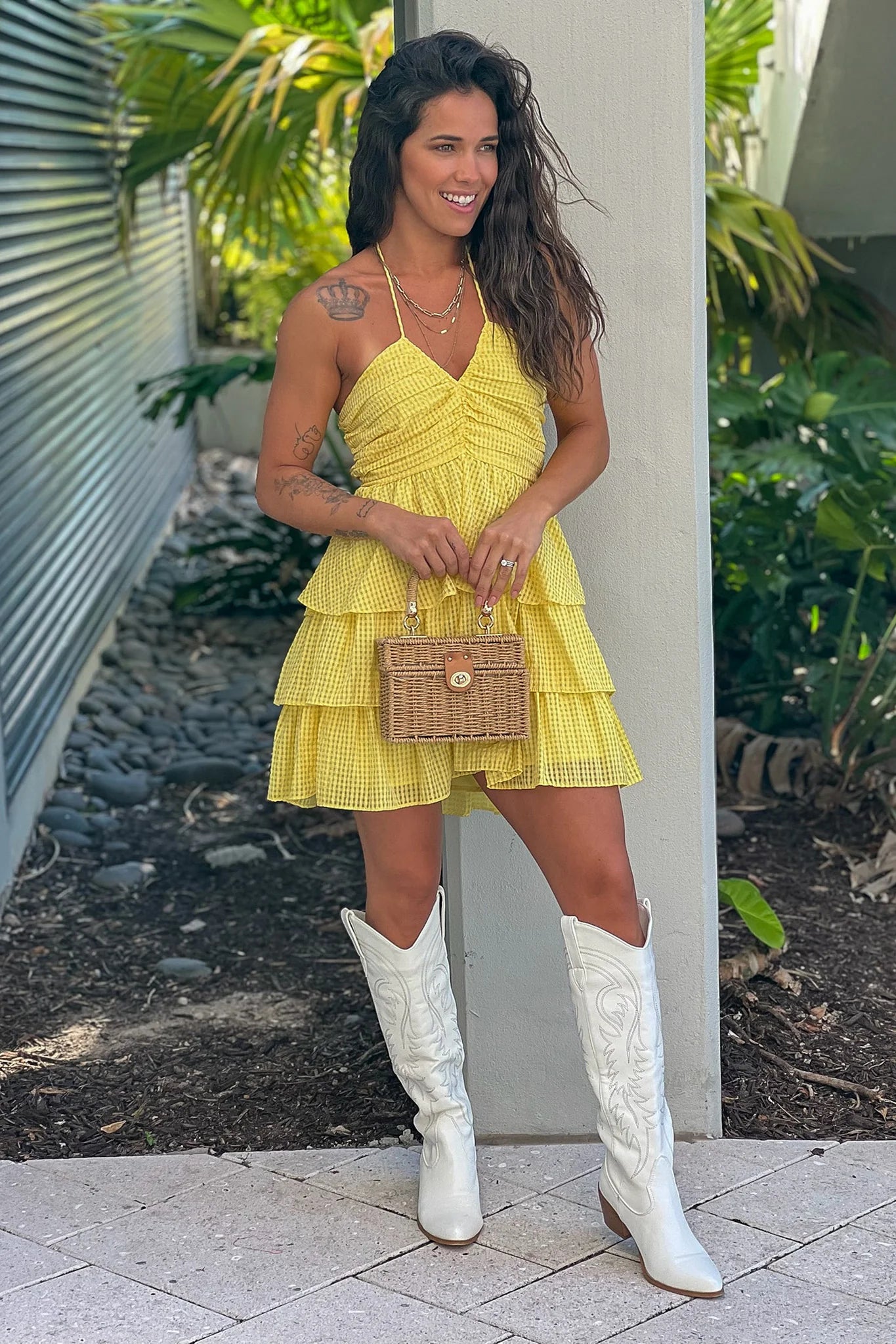 Lemon Gingham Tiered Short Dress