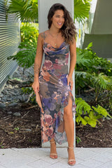 Navy Floral Mesh Ruffled Dress