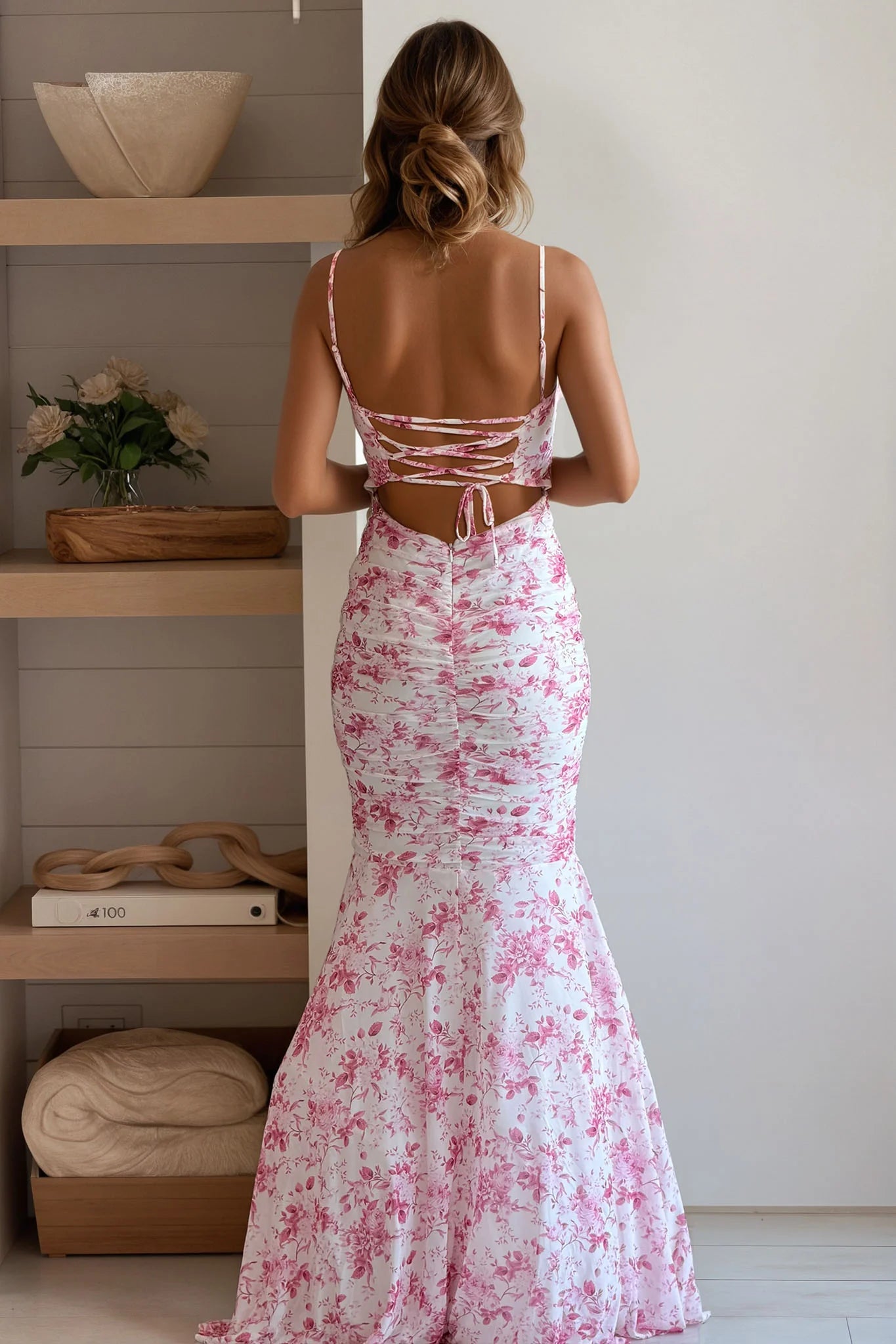 Pink Floral Pleated Mermaid Maxi Dress