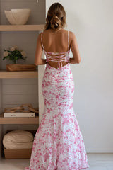 Pink Floral Pleated Mermaid Maxi Dress