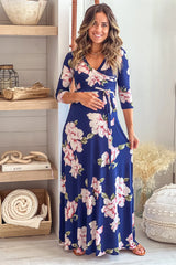 Navy and Pink Floral Maternity Maxi Dress with Tie