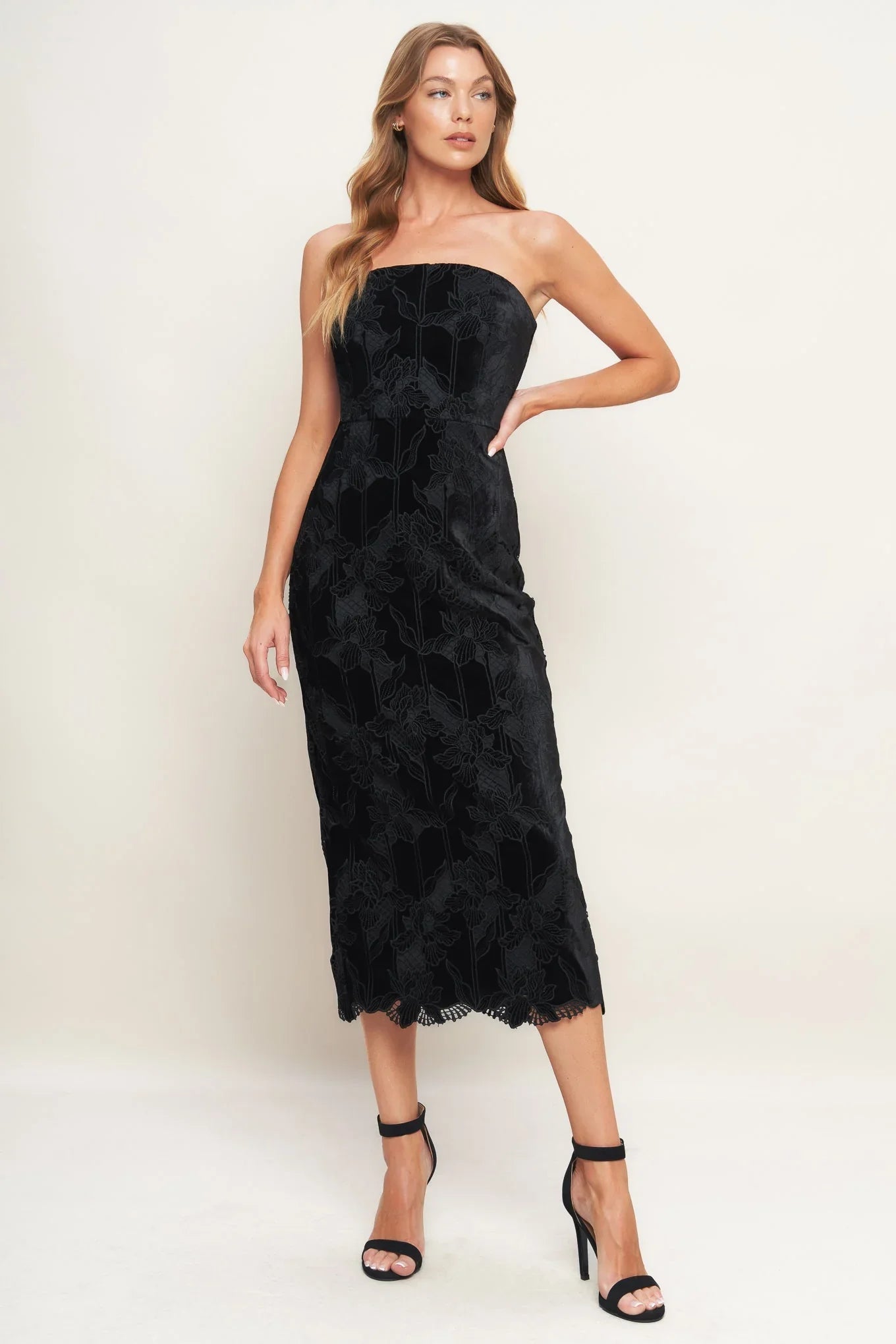 TEMPTATION BLACK VELVET LACE MIDI DRESS