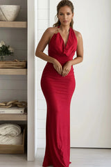 Red Glitter Cowl Neck Halter Maxi Dress