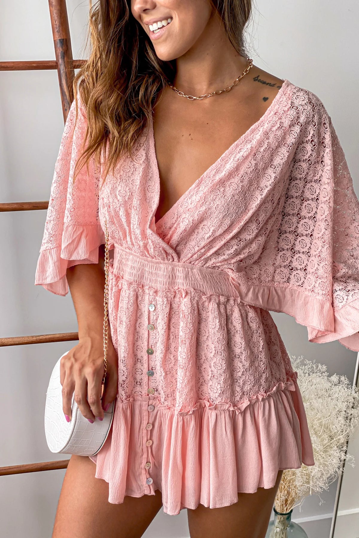 Pink Lace Romper With Bell Sleeves