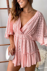 Pink Lace Romper With Bell Sleeves