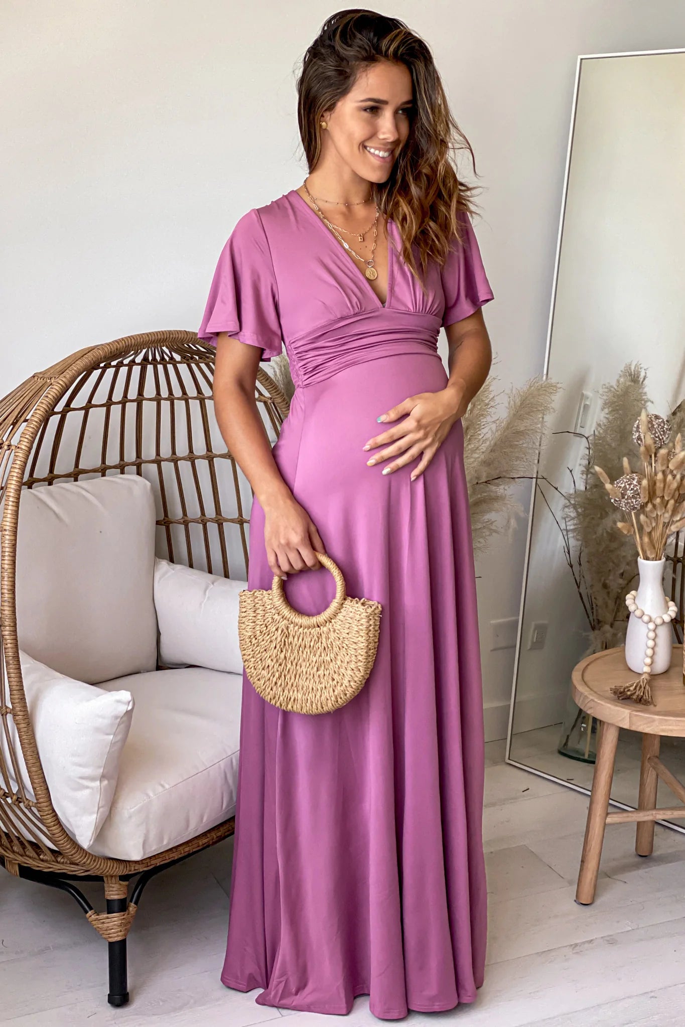 Mauve V Neck Maternity Maxi Dress