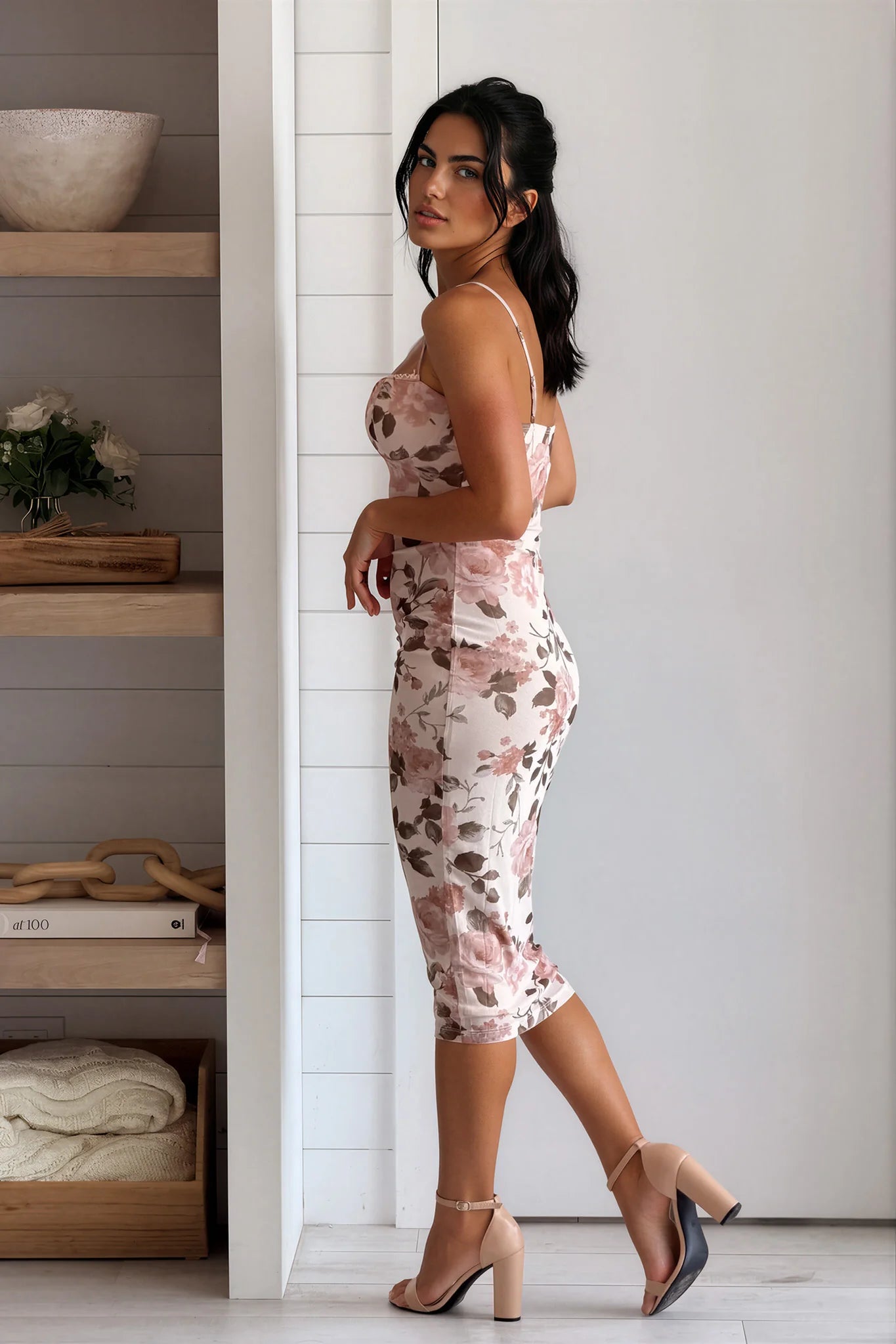 Taupe Floral Lace Trim Midi Dress