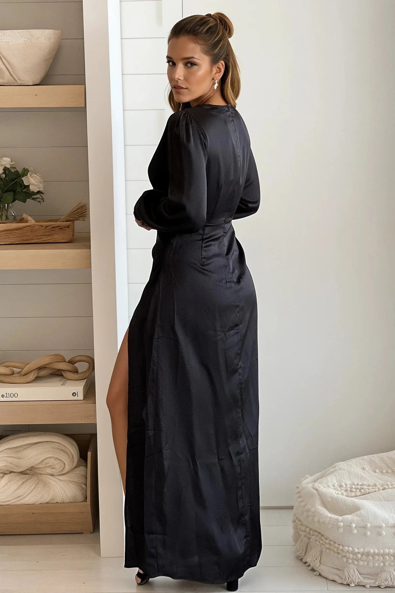Black V Neck Satin Maxi Dress