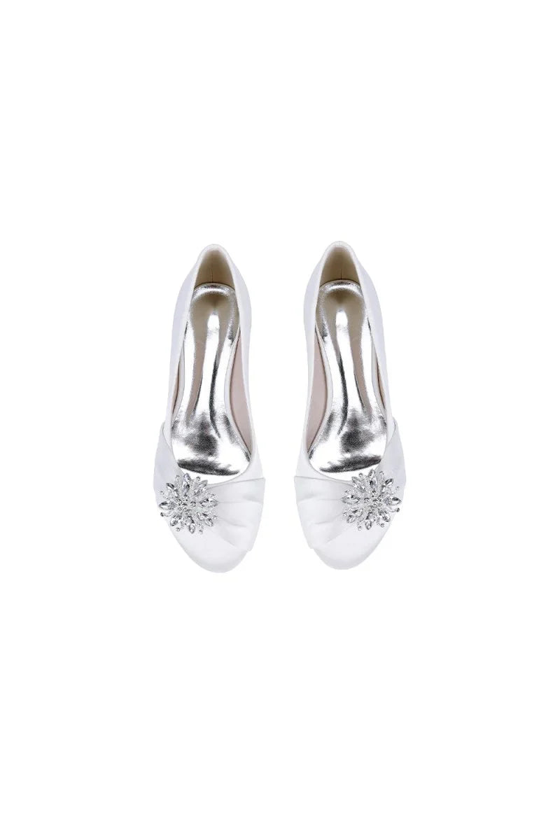 Navy Blue Flat Shoes with Crystal Flower Decoration