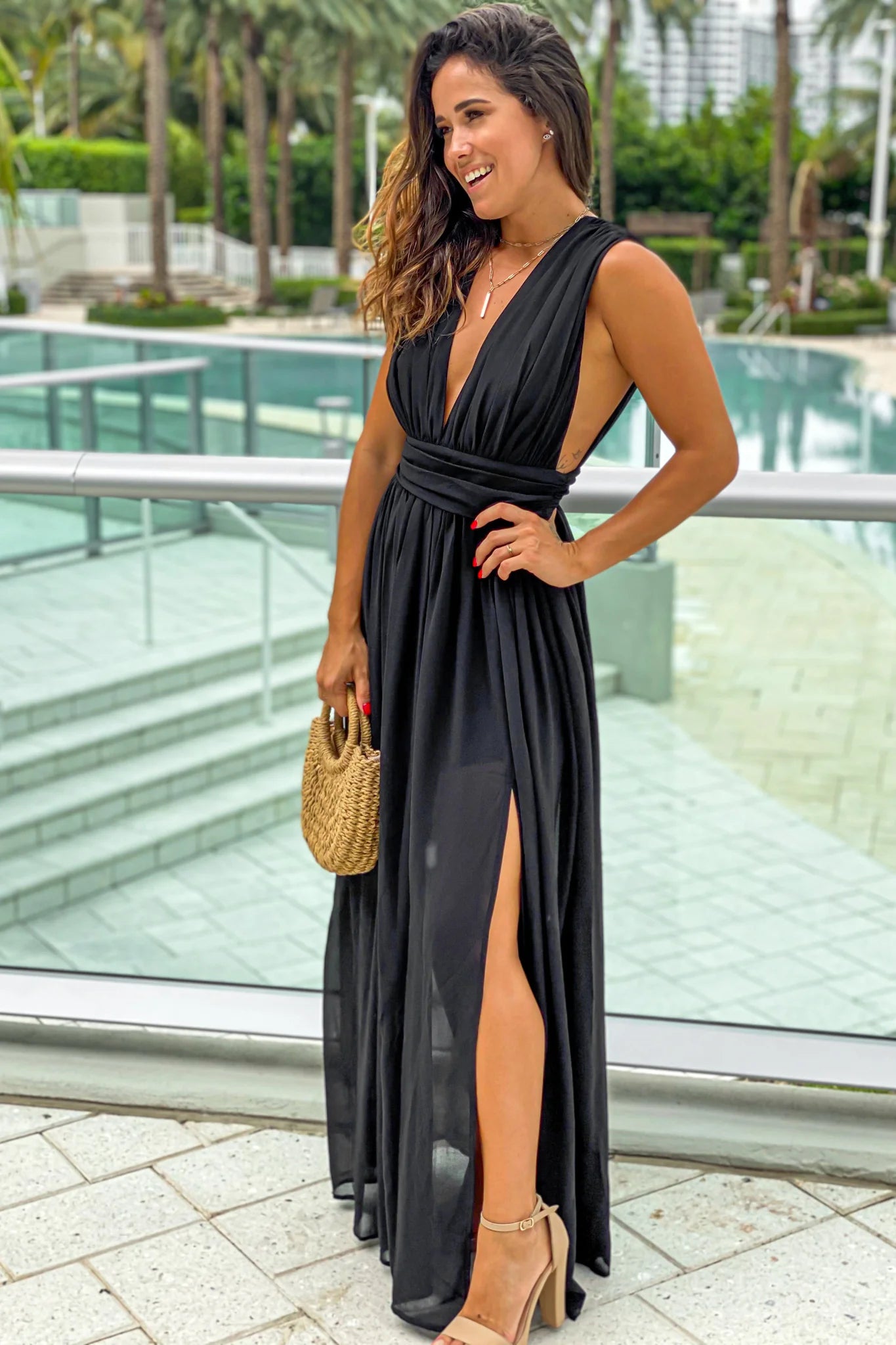 Black V Neck Maxi Dress With Slit