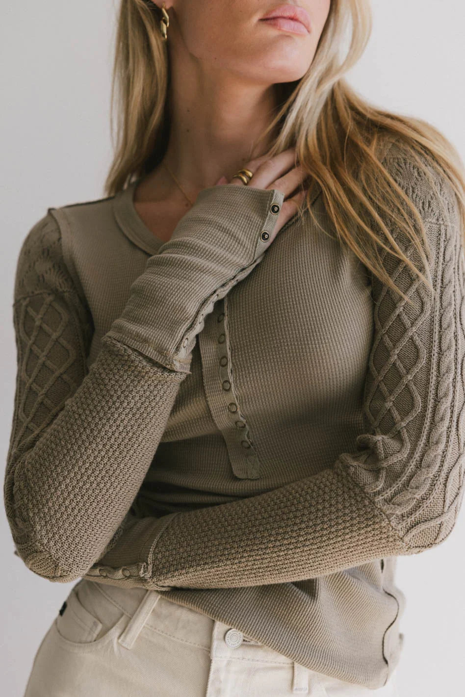 Naomi Cable Knit Sleeve Top in Olive FINAL SALE