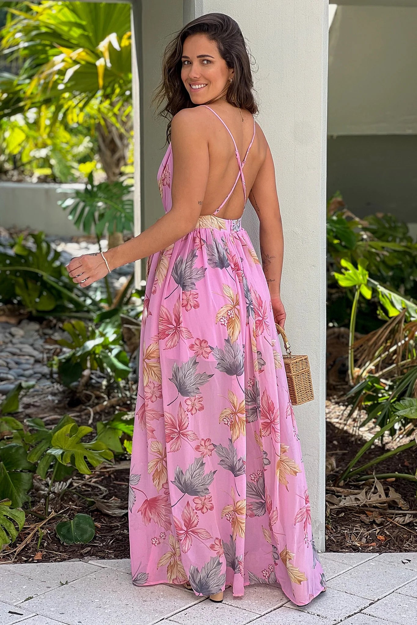 Pink Printed Maxi Dress With Slit