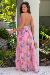 Pink Printed Maxi Dress With Slit