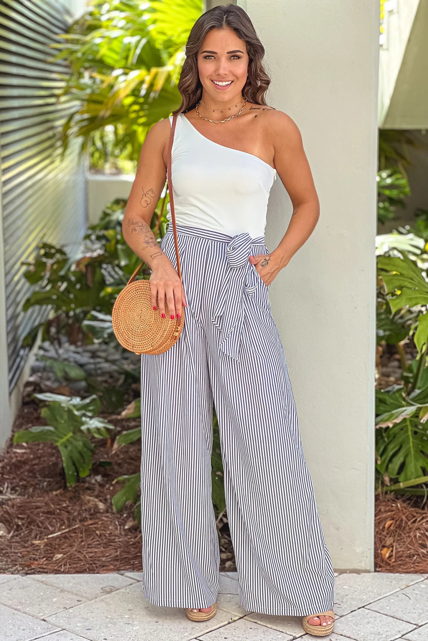 White And Black Striped One Shoulder Jumpsuit