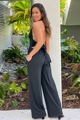 Black Halter Neck Jumpsuit With Pockets