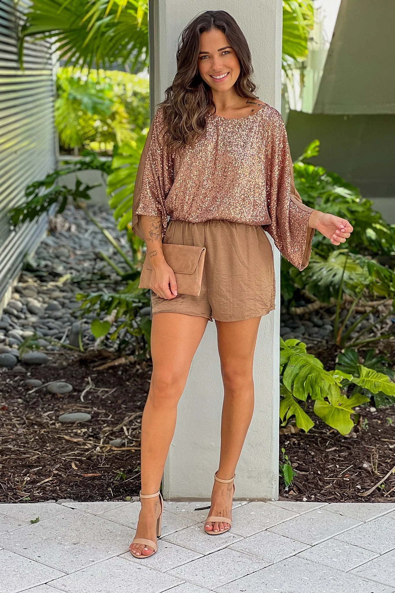 Latte Satin Romper With Sequins