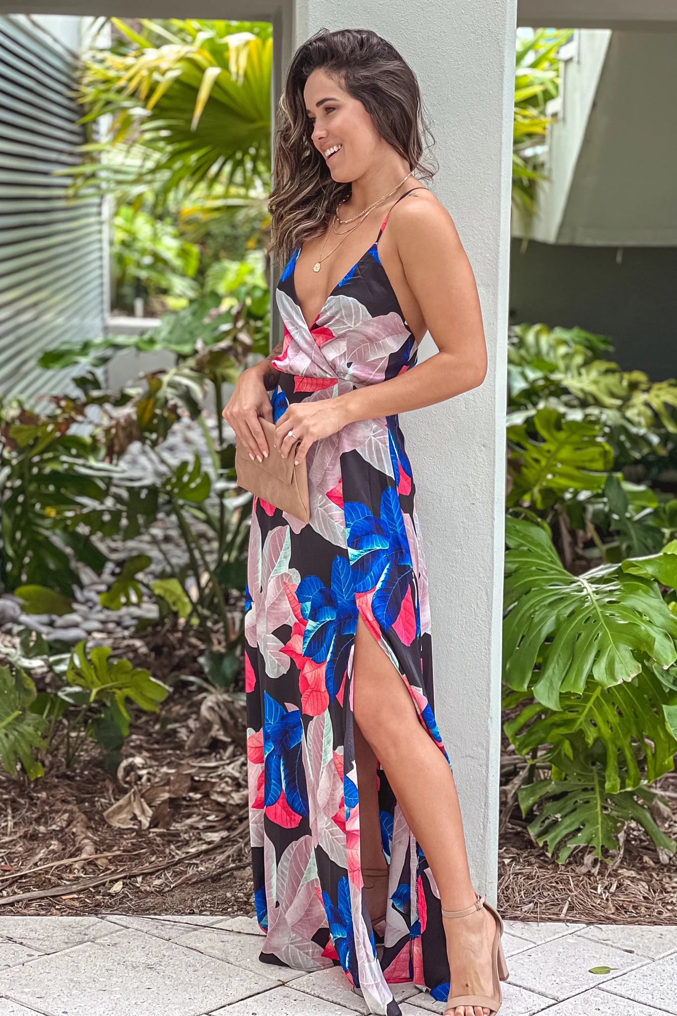 Black Floral Satin Maxi Dress