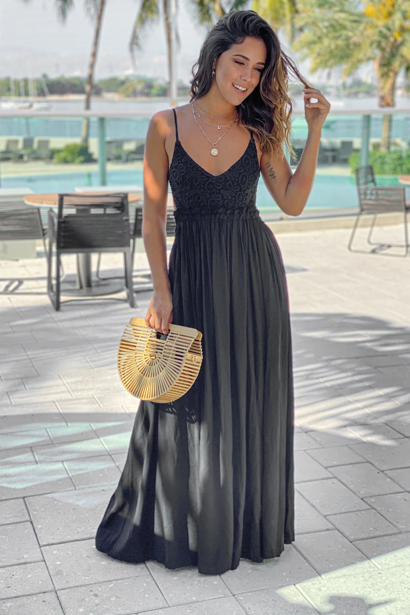 Black Maxi Dress With Open Back and Frayed Hem