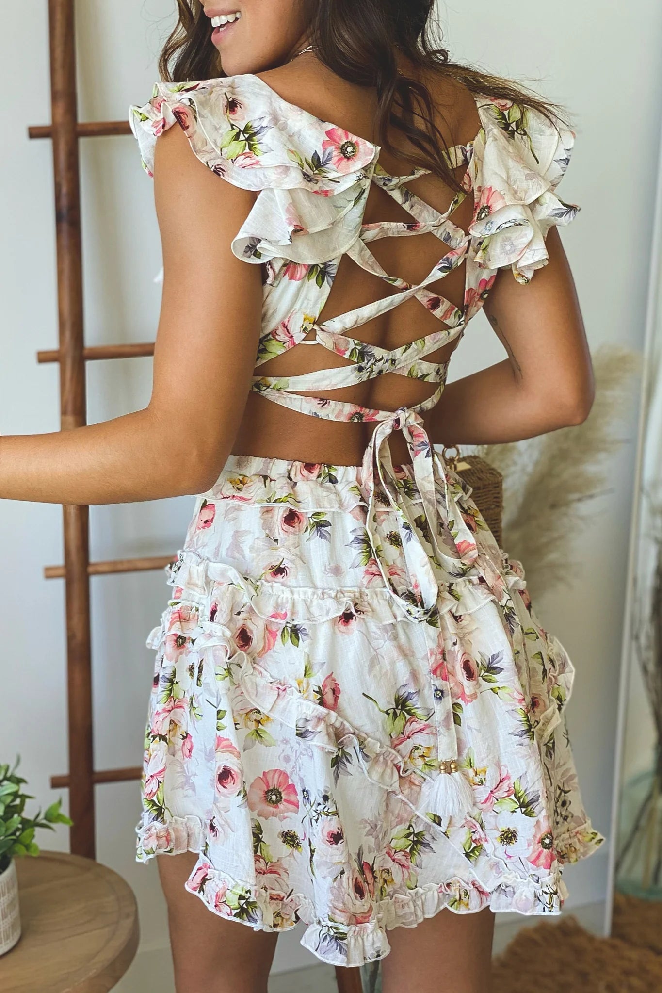 White Floral Ruffled Short Dress
