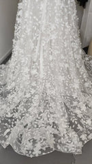 Sexy Floral A Line Boho Lace Sleeved Long Wedding Dress with Sweep Train