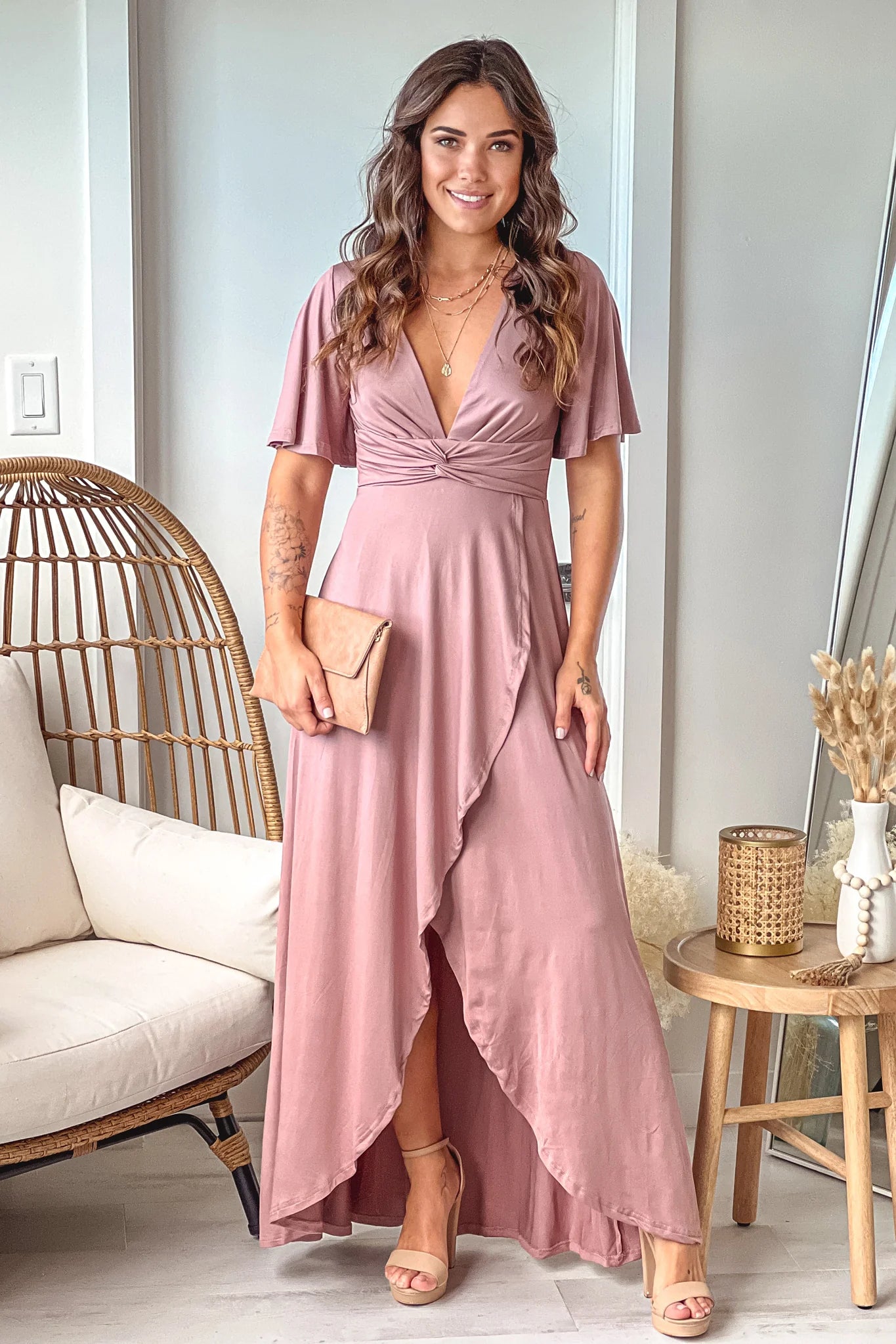 Blush High Low Dress With Short Sleeves