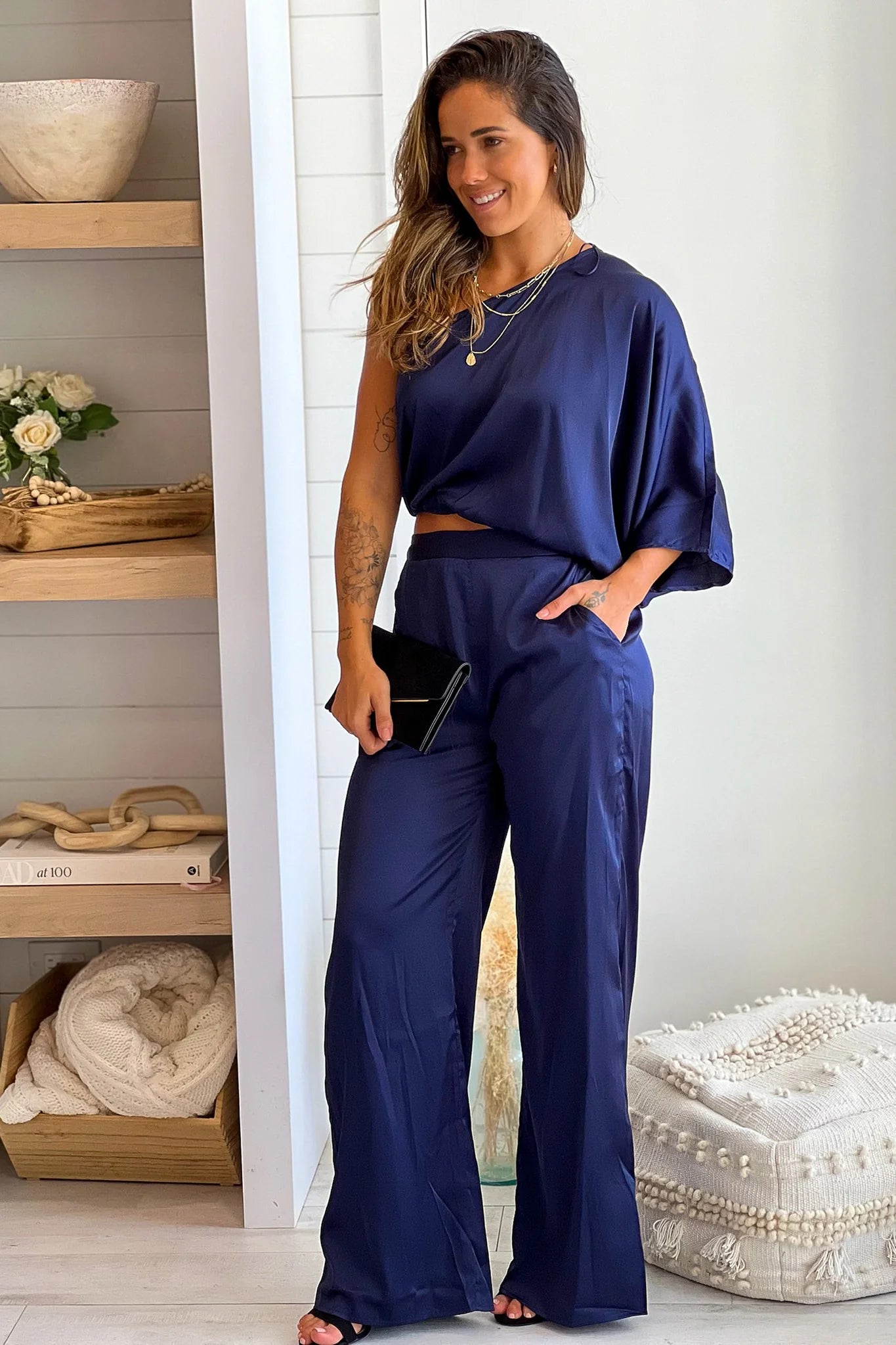 Navy One Shoulder Satin Top And Pants Set