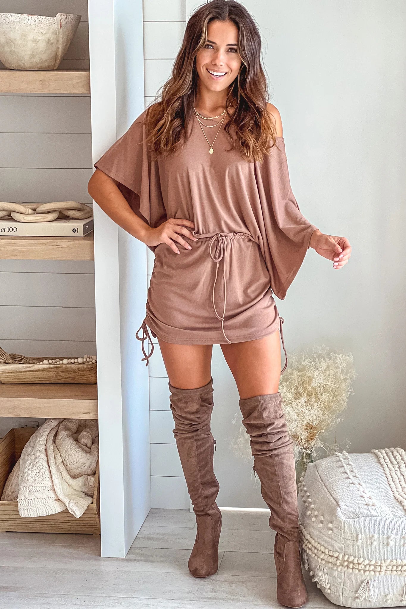 Mocha Short Dress with Pull Strings and Dolman Sleeves