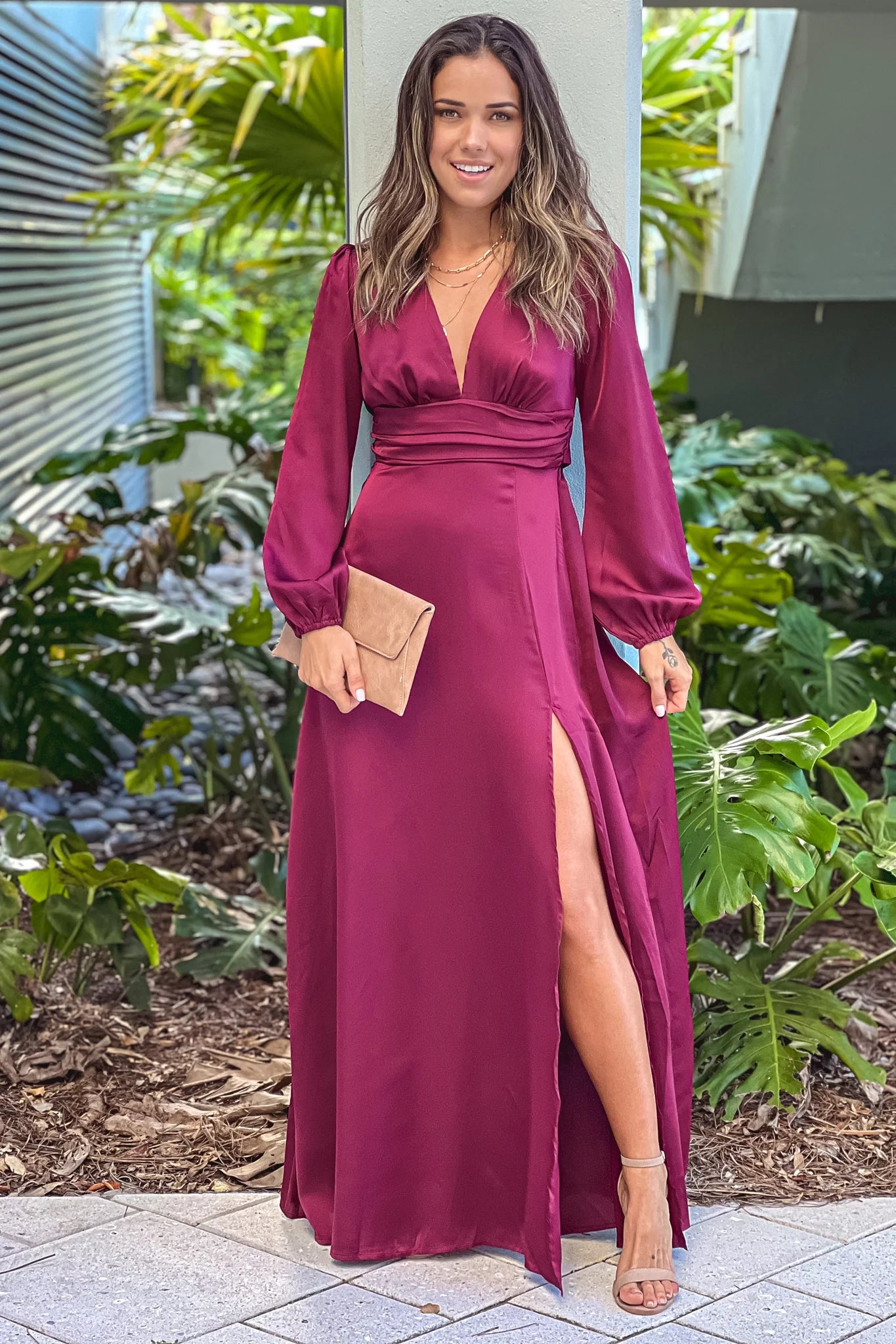 Dark Wine Puff Sleeve Maxi Dress With Slit