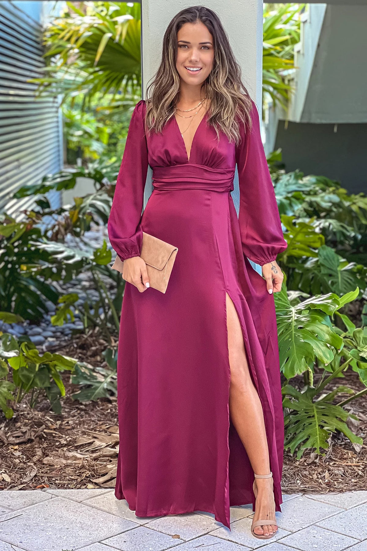 Dark Wine Puff Sleeve Maxi Dress With Slit