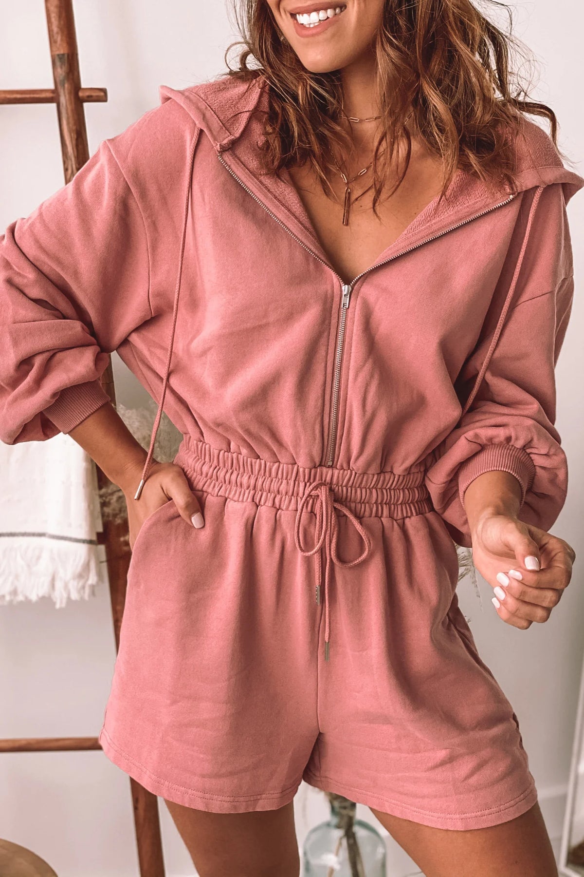 Mauve Long Sleeve Hoodie Romper