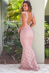 Pink Lace Shimmer Maxi Dress with Open Back