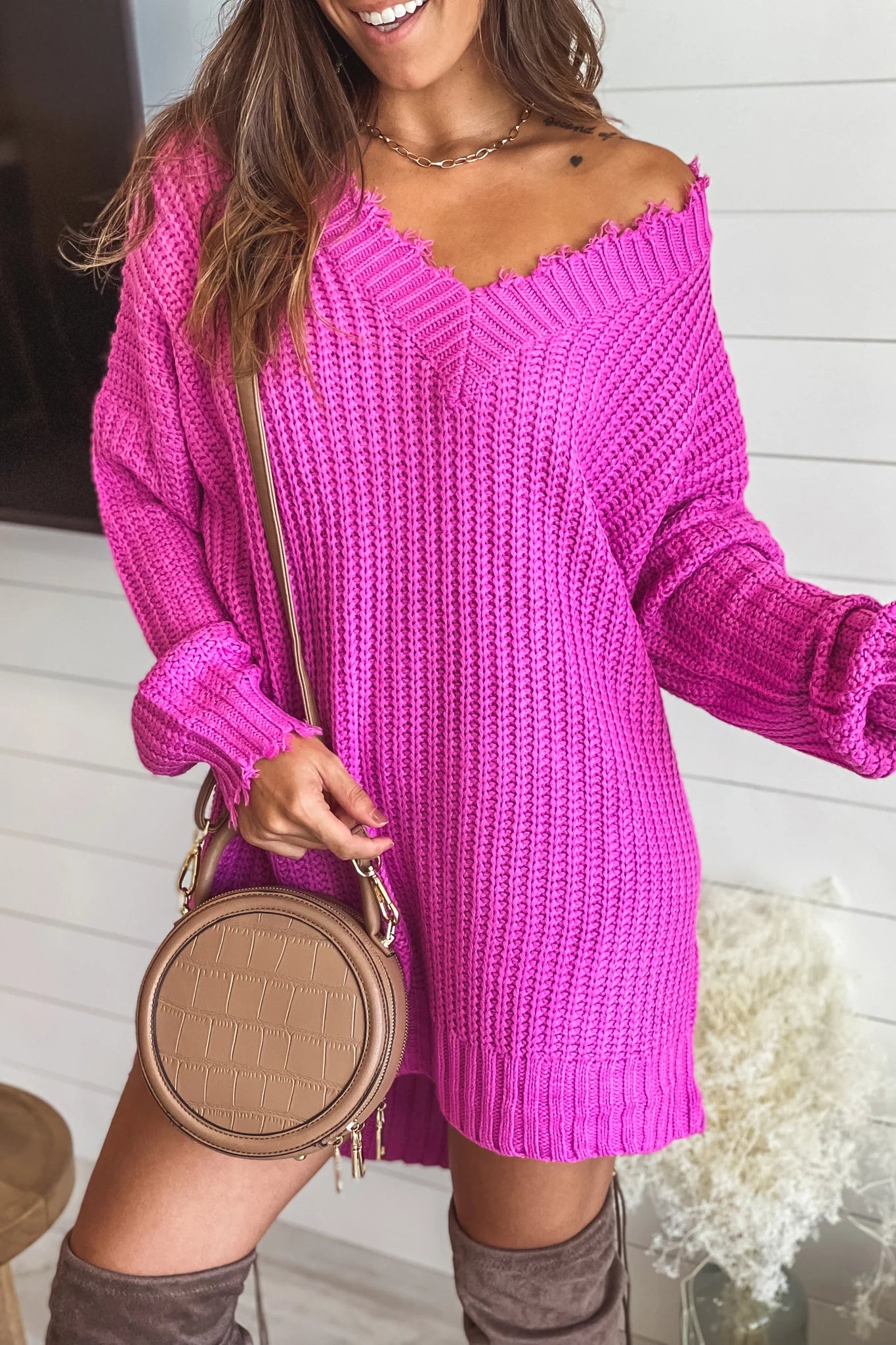 Raspberry Rose Frayed V Neck Sweater Dress