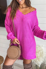 Raspberry Rose Frayed V Neck Sweater Dress
