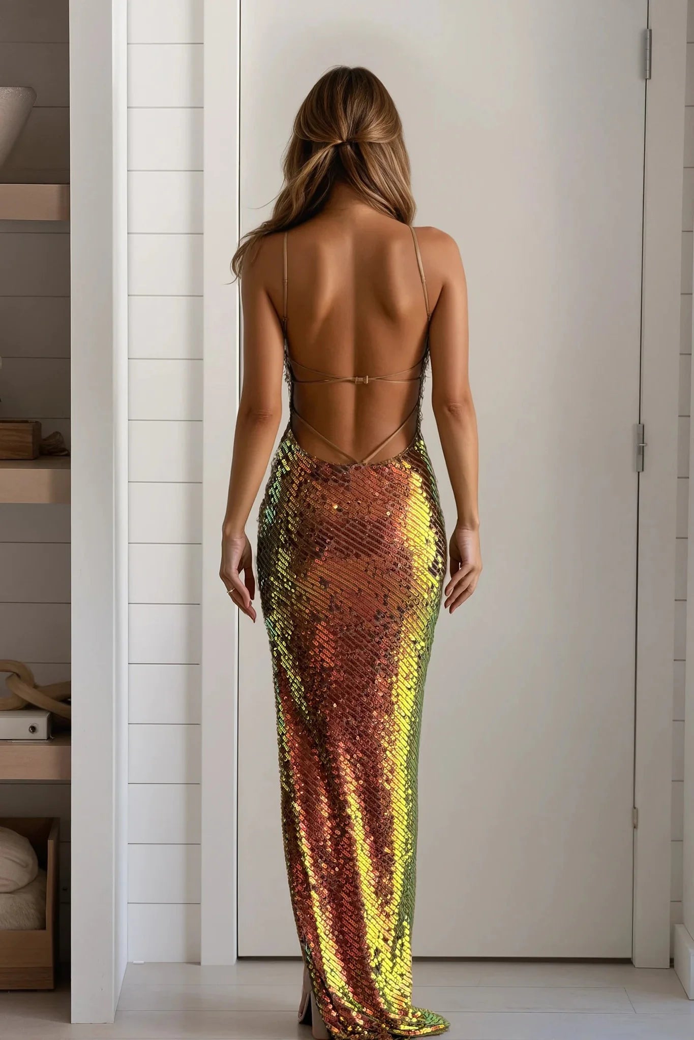 Latte Fluorescent Sequin Maxi Dress