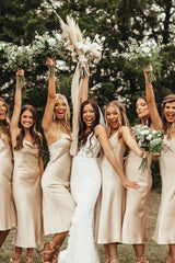 Spaghetti Straps Cowl Neck Tea Length Champagne Sheath Bridesmaid Dress