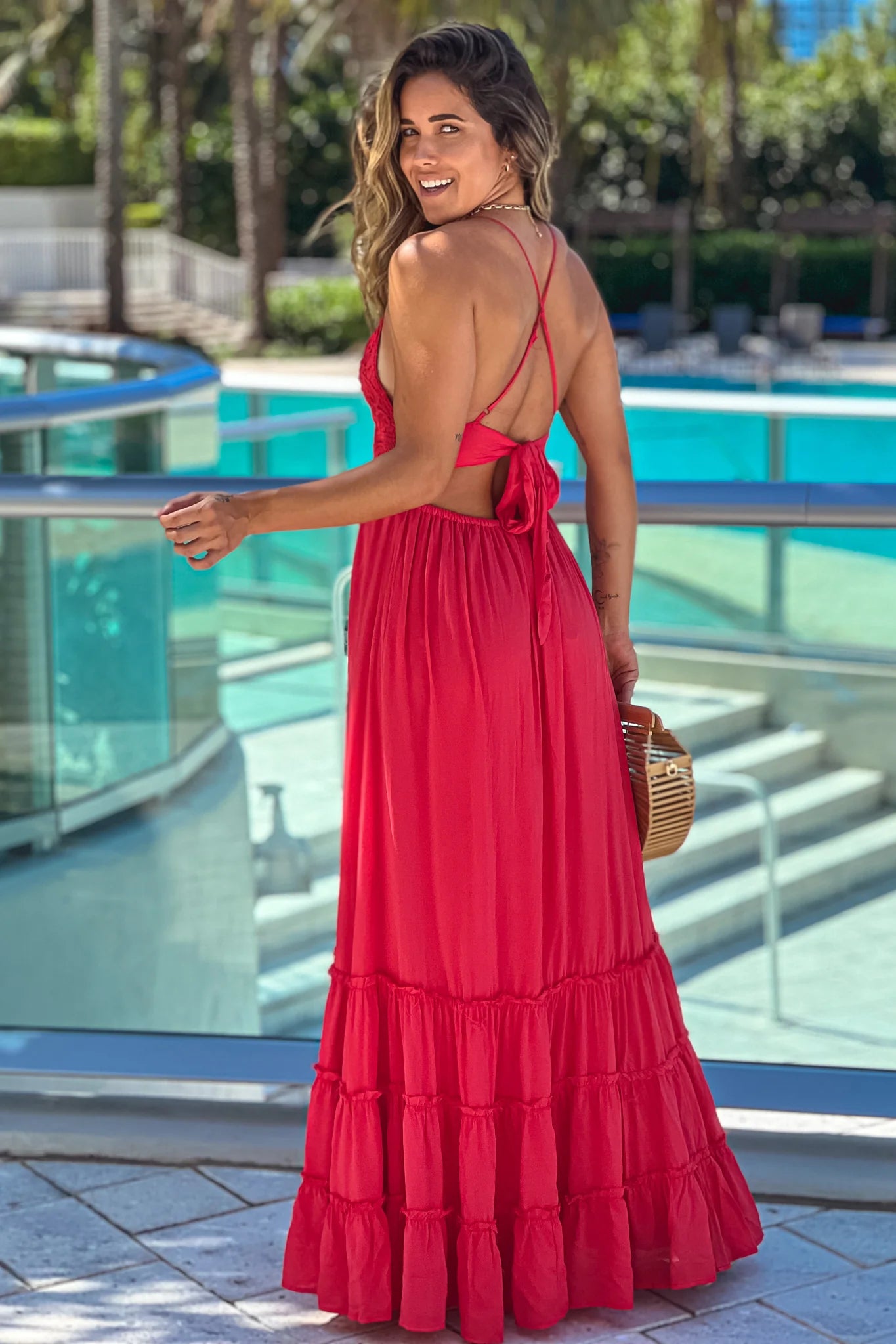 Tomato Red Crochet Top Maxi Dress With Tie Back